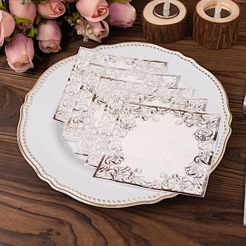 20 Soft Paper Beverage Napkins with Gold Foil Lace Design