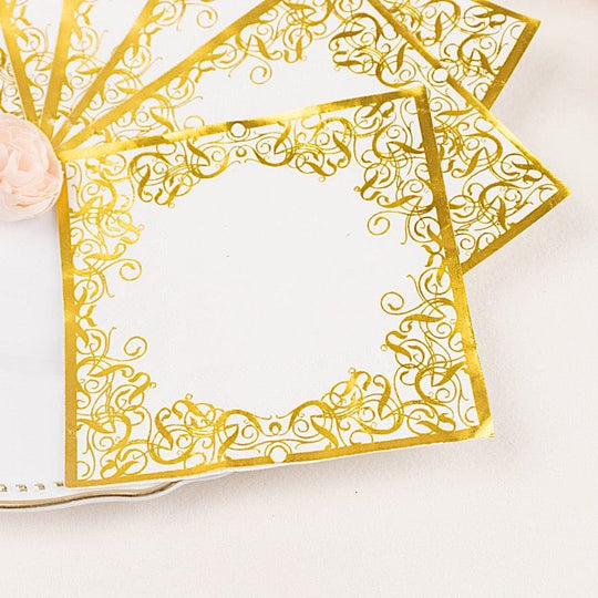 20 Soft Paper Beverage Napkins with Gold Foil Lace Design