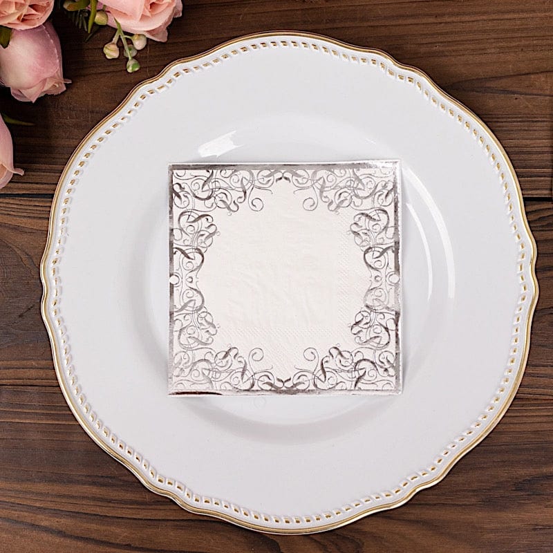 20 Soft Paper Beverage Napkins with Gold Foil Lace Design