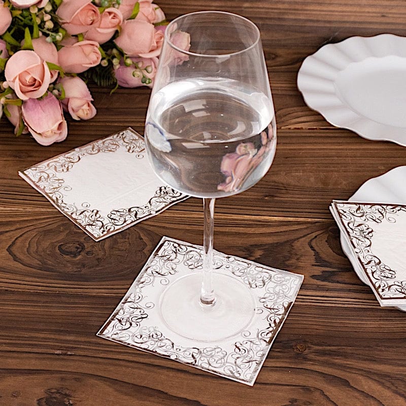 20 Soft Paper Beverage Napkins with Gold Foil Lace Design