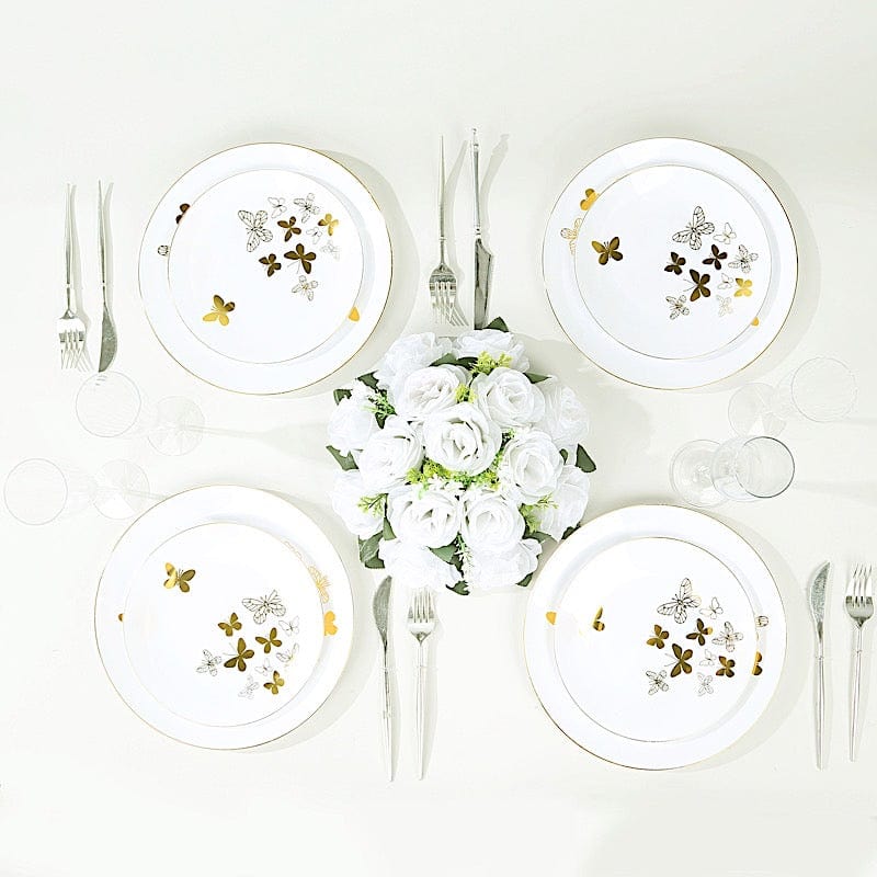 20 White Gold Butterfly Round Plastic Plates - Disposable Tableware DSP_PLR0034_SET_WHGD