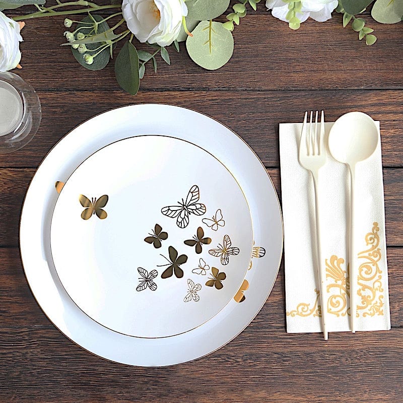 20 White Gold Butterfly Round Plastic Plates - Disposable Tableware DSP_PLR0034_SET_WHGD