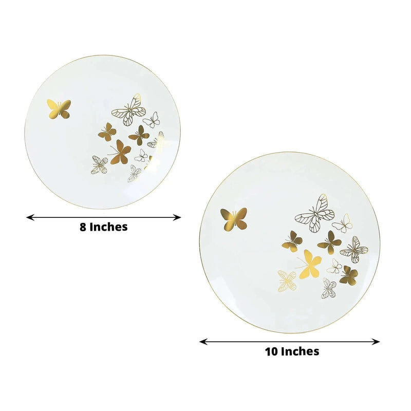 20 White Gold Butterfly Round Plastic Plates - Disposable Tableware DSP_PLR0034_SET_WHGD