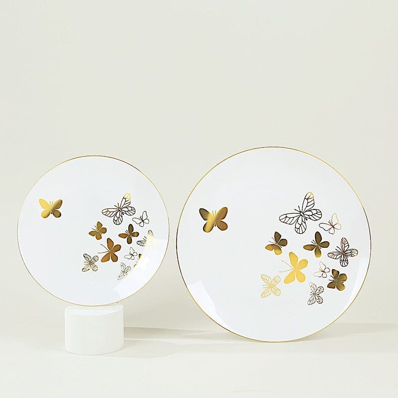 20 White Gold Butterfly Round Plastic Plates - Disposable Tableware DSP_PLR0034_SET_WHGD