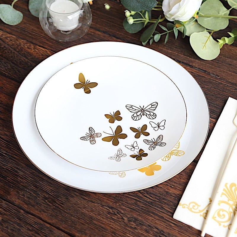 20 White Gold Butterfly Round Plastic Plates - Disposable Tableware DSP_PLR0034_SET_WHGD