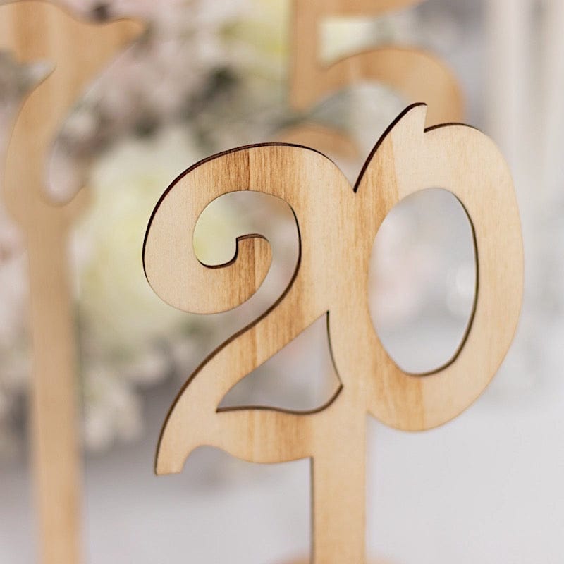 20 Wooden 11" 1-20 Table Numbers on Sticks with Round Holder Base - Natural WOD_METLTR08_SET_NAT