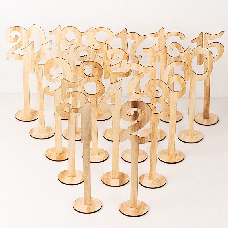 20 Wooden 11" 1-20 Table Numbers on Sticks with Round Holder Base - Natural WOD_METLTR08_SET_NAT