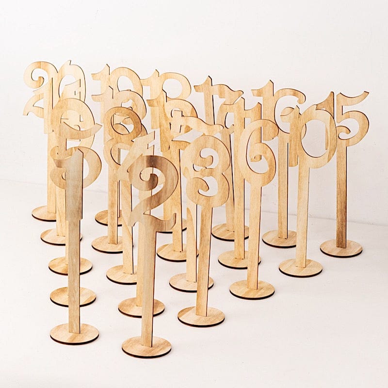 20 Wooden 11" 1-20 Table Numbers on Sticks with Round Holder Base - Natural WOD_METLTR08_SET_NAT