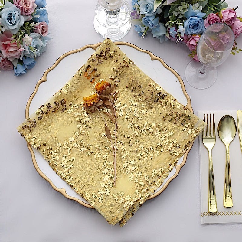 20" x 20" Sparkly Leaf Vine Embroidered Sequin Tulle Cloth Dinner Napkins NAP_02_FLOR_054