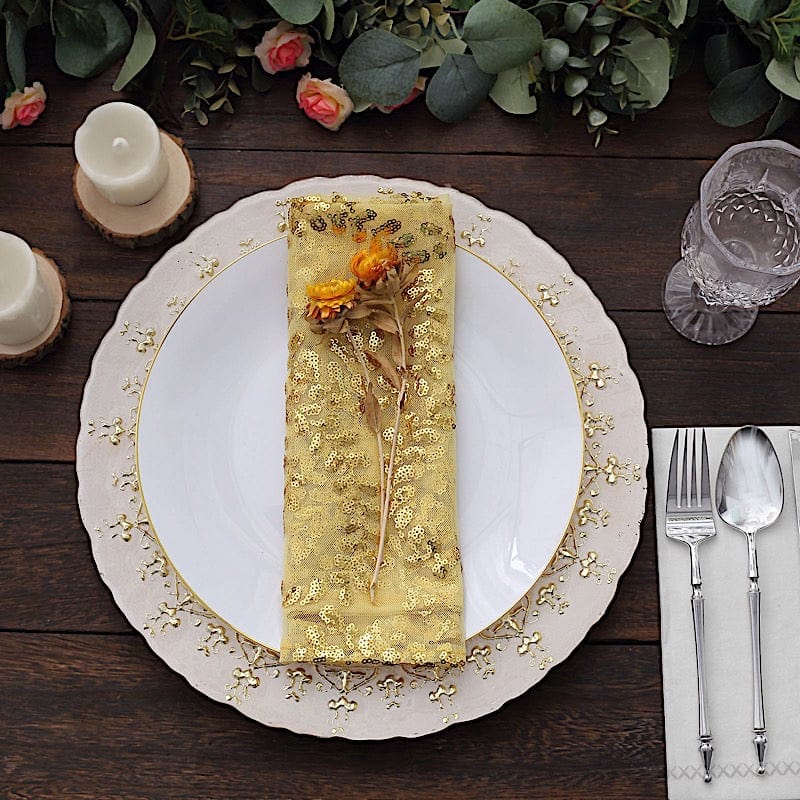 20" x 20" Sparkly Leaf Vine Embroidered Sequin Tulle Cloth Dinner Napkins NAP_02_FLOR_054