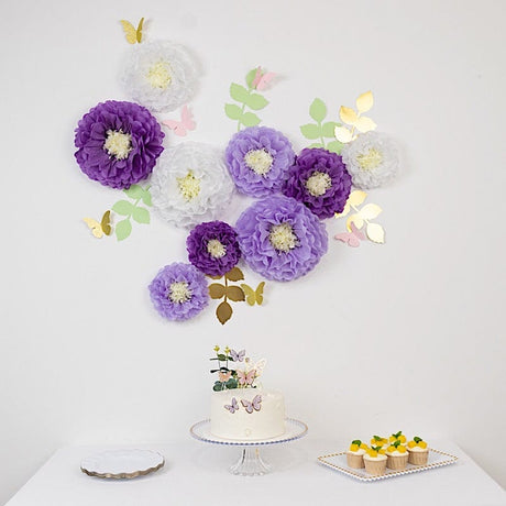 21 Tissue Paper Pom Poms Chrysanthemum Flowers with Butterflies and Leaves Set