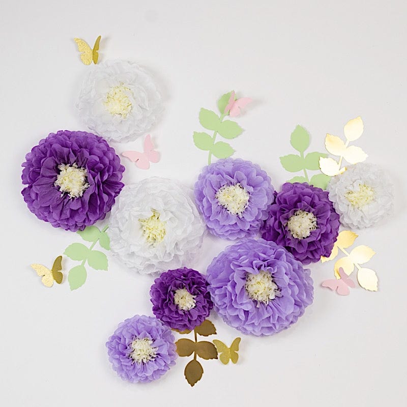 21 Tissue Paper Pom Poms Chrysanthemum Flowers with Butterflies and Leaves Set