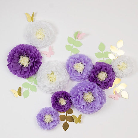 21 Tissue Paper Pom Poms Chrysanthemum Flowers with Butterflies and Leaves Set