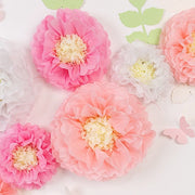 21 Tissue Paper Pom Poms Chrysanthemum Flowers with Butterflies and Leaves Set