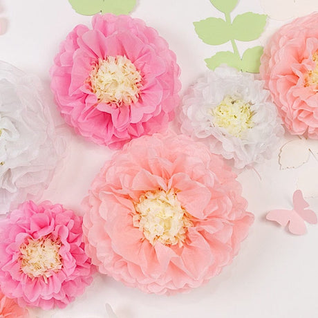 21 Tissue Paper Pom Poms Chrysanthemum Flowers with Butterflies and Leaves Set