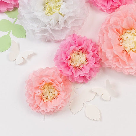 21 Tissue Paper Pom Poms Chrysanthemum Flowers with Butterflies and Leaves Set
