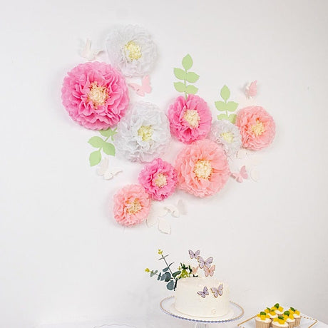 21 Tissue Paper Pom Poms Chrysanthemum Flowers with Butterflies and Leaves Set