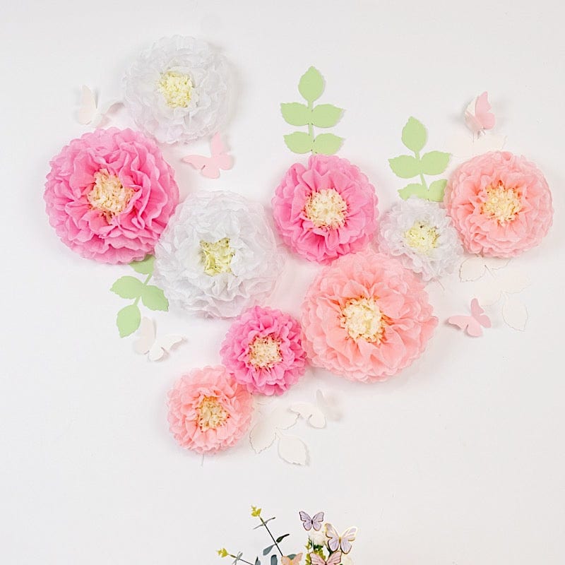 21 Tissue Paper Pom Poms Chrysanthemum Flowers with Butterflies and Leaves Set