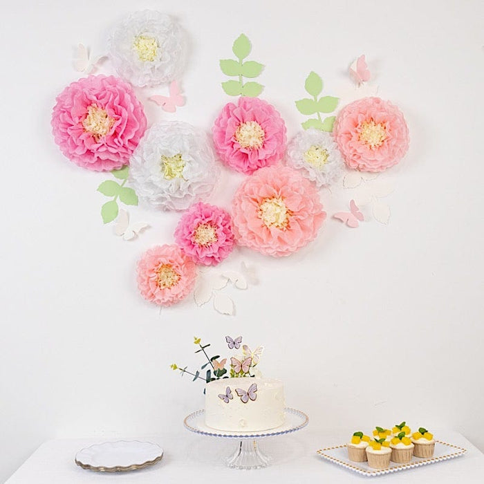 21 Tissue Paper Pom Poms Chrysanthemum Flowers with Butterflies and Leaves Set