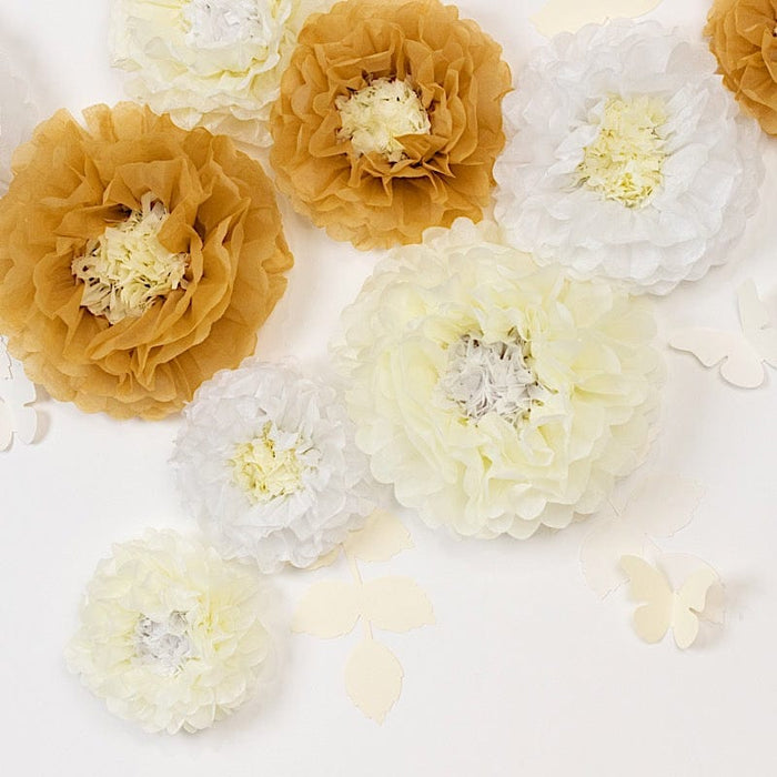21 Tissue Paper Pom Poms Chrysanthemum Flowers with Butterflies and Leaves Set