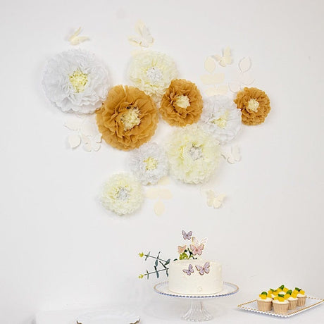 21 Tissue Paper Pom Poms Chrysanthemum Flowers with Butterflies and Leaves Set