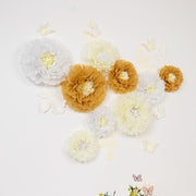 21 Tissue Paper Pom Poms Chrysanthemum Flowers with Butterflies and Leaves Set