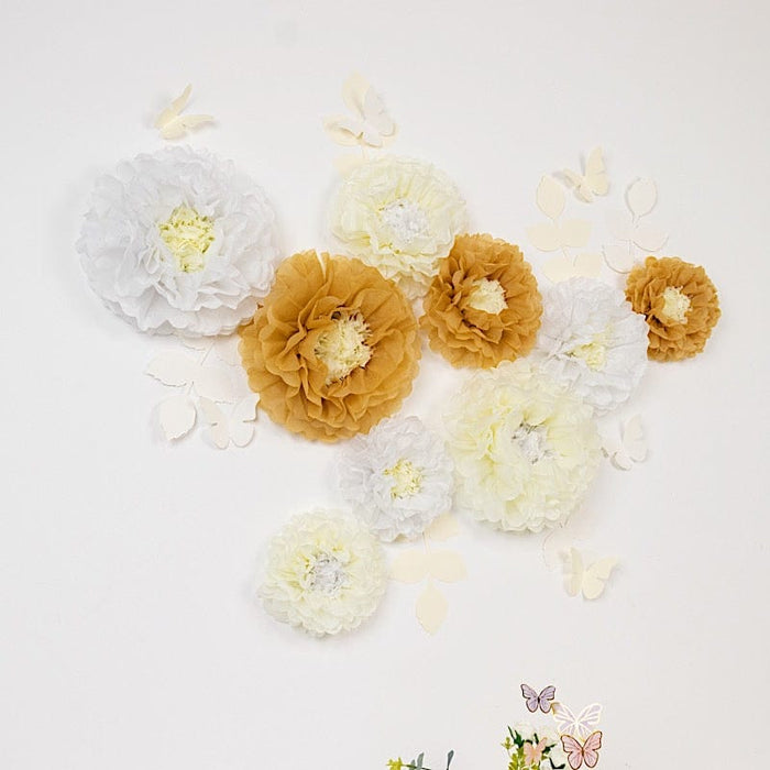 21 Tissue Paper Pom Poms Chrysanthemum Flowers with Butterflies and Leaves Set