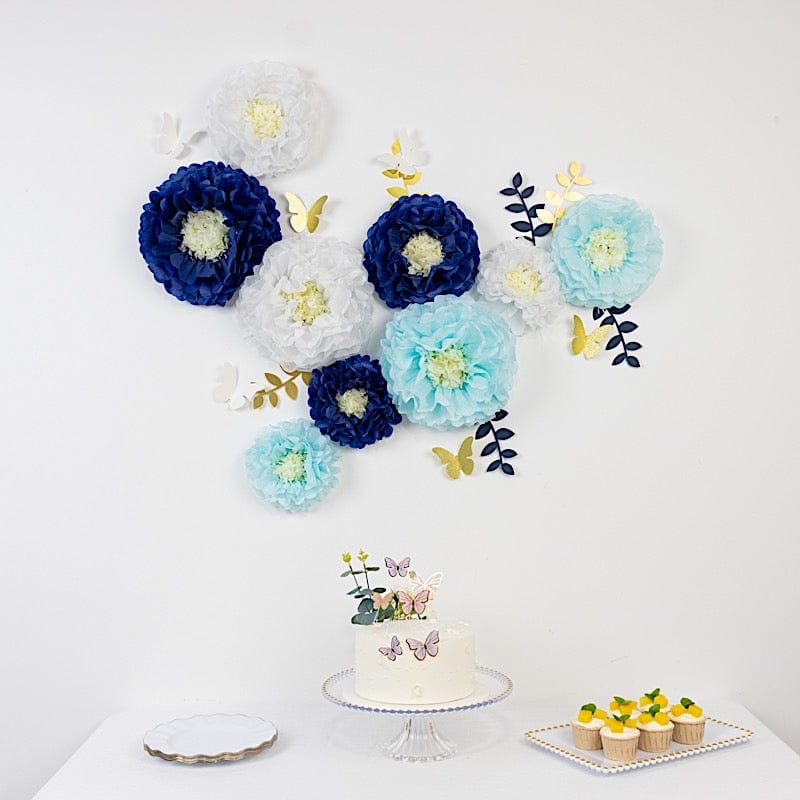 21 Tissue Paper Pom Poms Chrysanthemum Flowers with Butterflies and Leaves Set