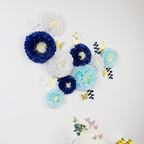 21 Tissue Paper Pom Poms Chrysanthemum Flowers with Butterflies and Leaves Set