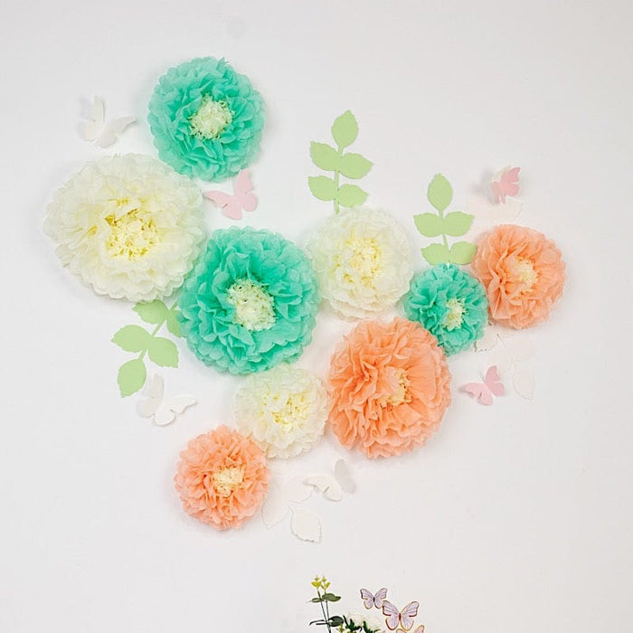 21 Tissue Paper Pom Poms Chrysanthemum Flowers with Butterflies and Leaves Set