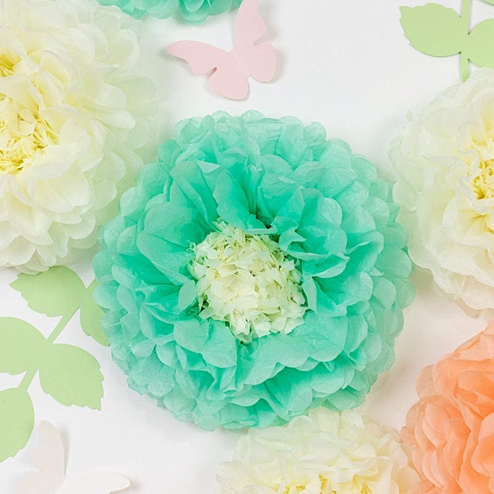 21 Tissue Paper Pom Poms Chrysanthemum Flowers with Butterflies and Leaves Set