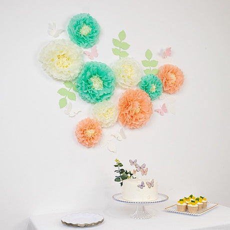 21 Tissue Paper Pom Poms Chrysanthemum Flowers with Butterflies and Leaves Set