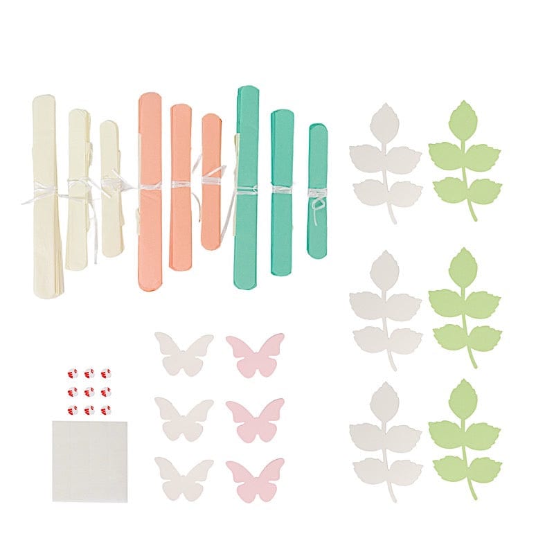 21 Tissue Paper Pom Poms Chrysanthemum Flowers with Butterflies and Leaves Set