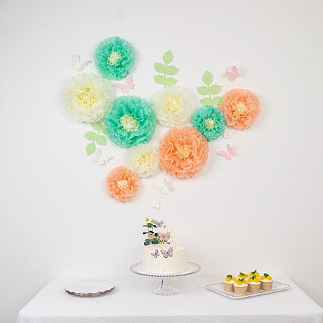 21 Tissue Paper Pom Poms Chrysanthemum Flowers with Butterflies and Leaves Set