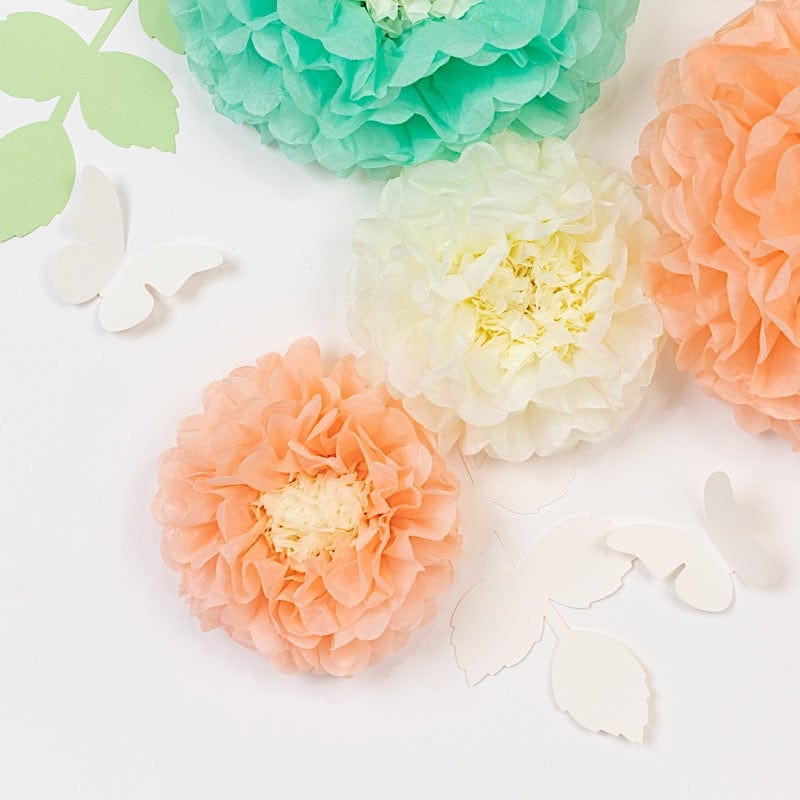 21 Tissue Paper Pom Poms Chrysanthemum Flowers with Butterflies and Leaves Set