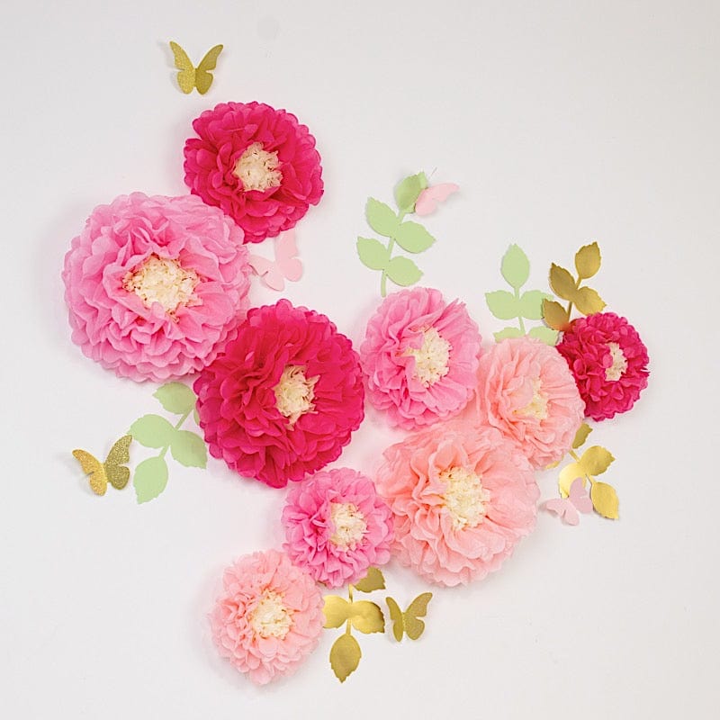 21 Tissue Paper Pom Poms Chrysanthemum Flowers with Butterflies and Leaves Set