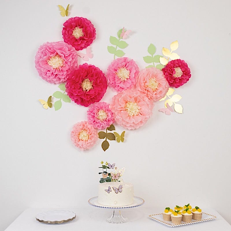 21 Tissue Paper Pom Poms Chrysanthemum Flowers with Butterflies and Leaves Set