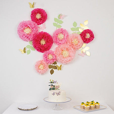 21 Tissue Paper Pom Poms Chrysanthemum Flowers with Butterflies and Leaves Set