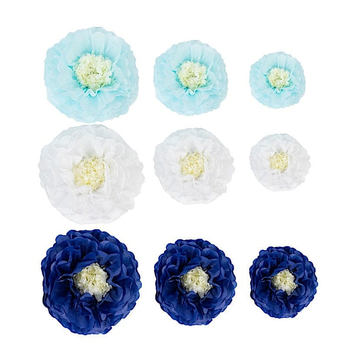 21 Tissue Paper Pom Poms Chrysanthemum Flowers with Butterflies and Leaves Set POM_FLO05_SET_WHTBLU