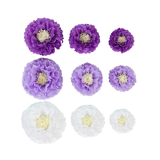 21 Tissue Paper Pom Poms Chrysanthemum Flowers with Butterflies and Leaves Set POM_FLO05_SET_WHTPURP