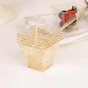 24 Clear 2 oz Gold Glittered Square Plastic Dessert Cups with Spoons Set - Disposable Tableware DSP_DST_CU007_2_CLGD