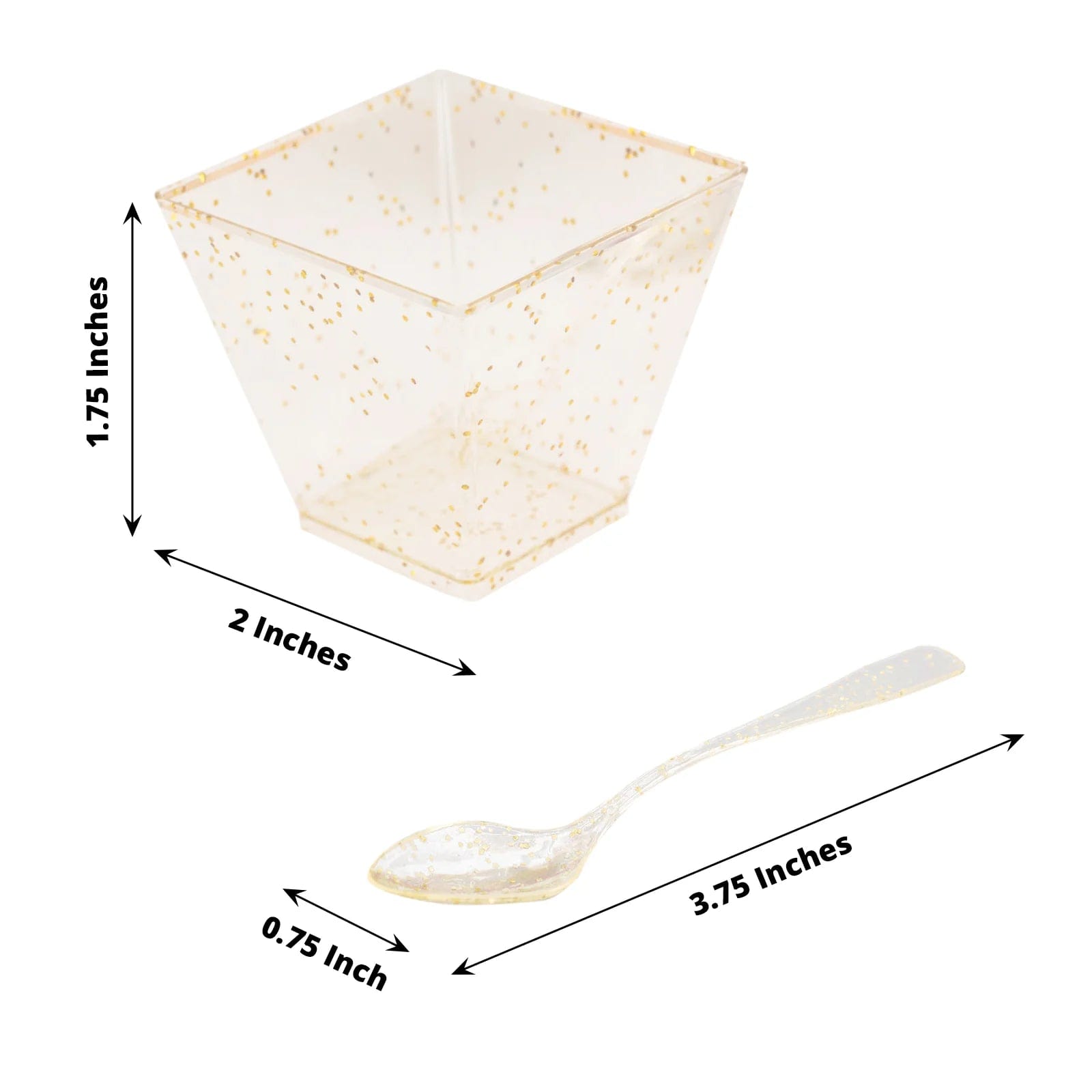 24 Clear 2 oz Gold Glittered Square Plastic Dessert Cups with Spoons Set - Disposable Tableware DSP_DST_CU007_2_CLGD