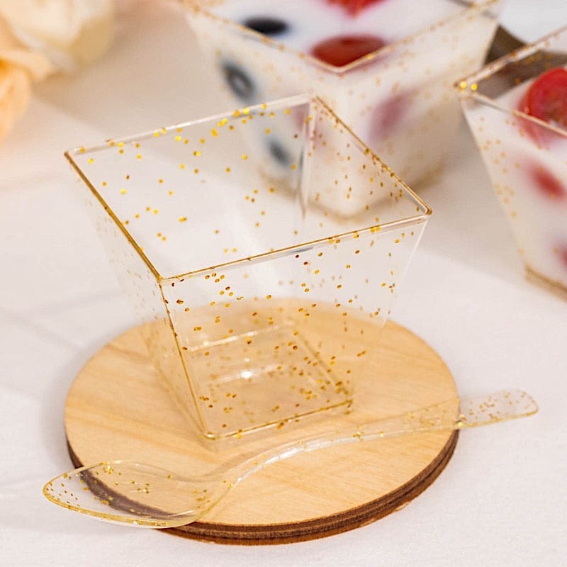 24 Clear 2 oz Gold Glittered Square Plastic Dessert Cups with Spoons Set - Disposable Tableware DSP_DST_CU007_2_CLGD