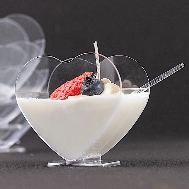 24 Clear 2 oz Mini Plastic Heart-Shaped Dessert Parfait Cups with Spoons - Disposable Tableware DSP_DST_CU008_2_CLR