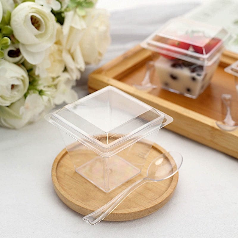 24 Clear 4 oz Square Plastic Dessert Cups with Lid and Spoon Set - Disposable Tableware DSP_DST_CU004_4_CLR