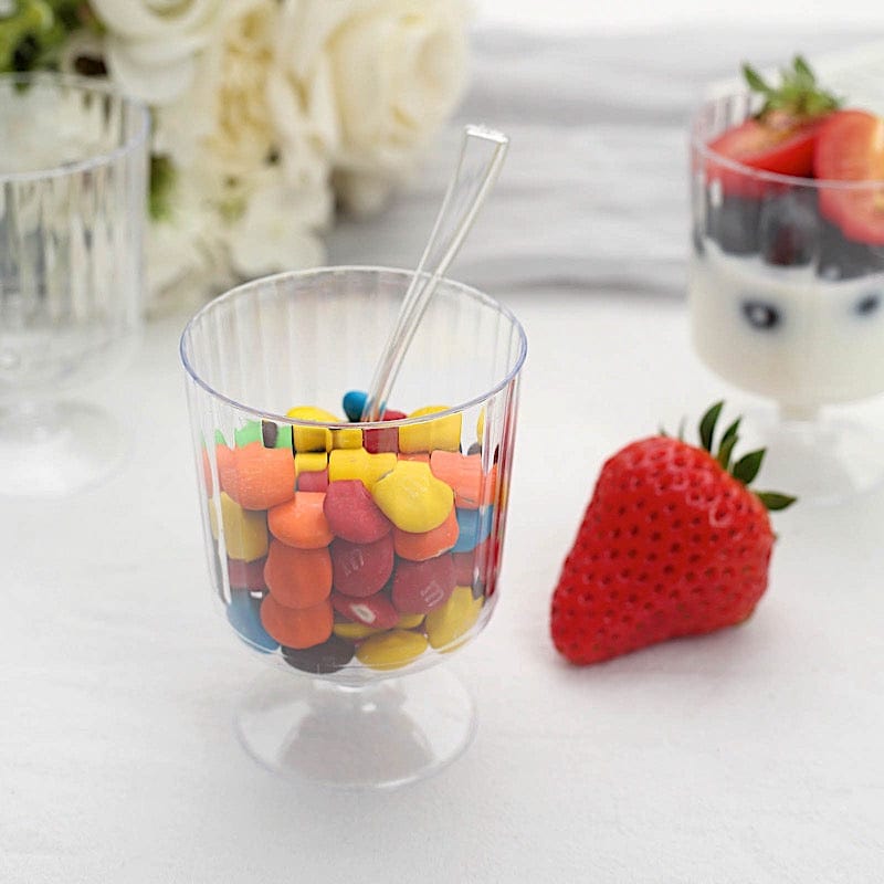 24 Clear 5 oz Ribbed Round Plastic Dessert Cups with Spoons Set - Disposable Tableware DSP_DST_CU003_5_CLR