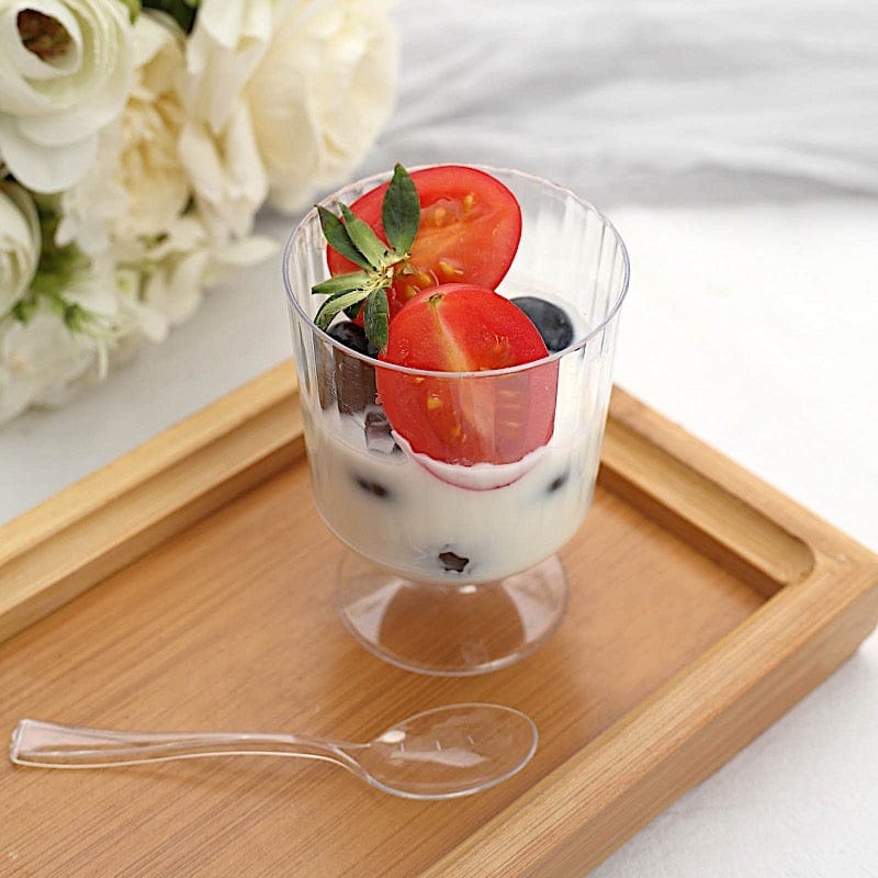 24 Clear 5 oz Ribbed Round Plastic Dessert Cups with Spoons Set - Disposable Tableware DSP_DST_CU003_5_CLR