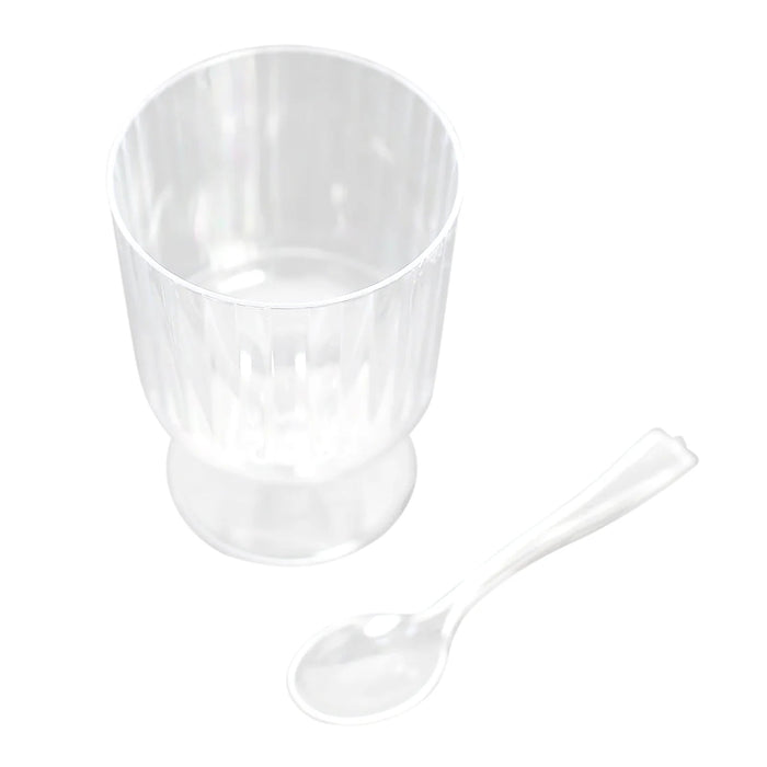 24 Clear 5 oz Ribbed Round Plastic Dessert Cups with Spoons Set