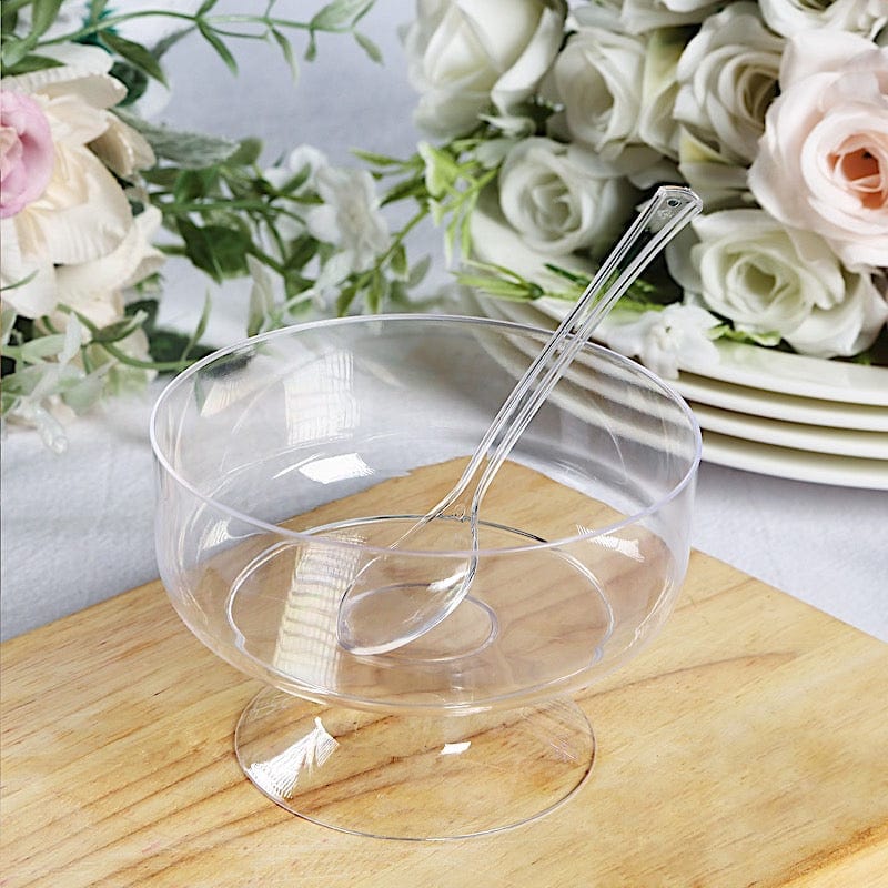 24 Clear 6 oz Crystal Footed Plastic Dessert Cups with Spoons - Disposable Tableware DSP_DST_CU009_6_CLR