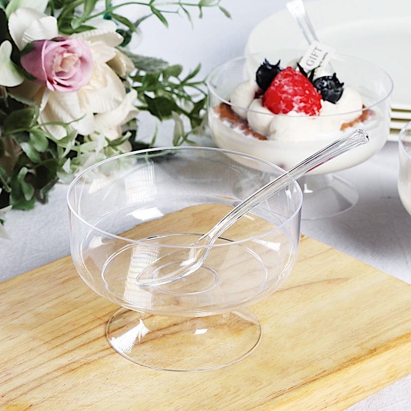 24 Clear 6 oz Crystal Footed Plastic Dessert Cups with Spoons - Disposable Tableware DSP_DST_CU009_6_CLR